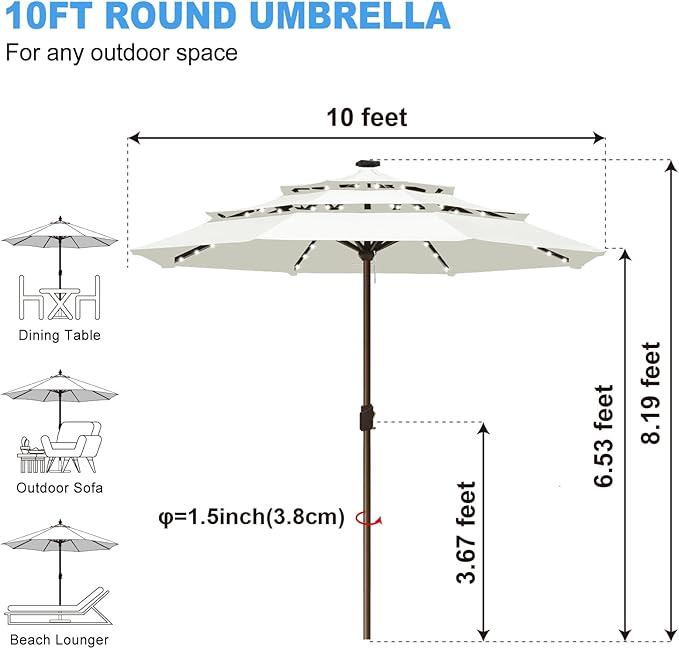 Eurmax USA 10-Year-Non-Fading 10FT 3-Tier Outdoor Patio Market Umbrella with LED Lights,UPF50+ UV Resistant,Commercial Grade,Crank Lift Design,Windproof Vented Top for Garden,Pool,Deck,Natural