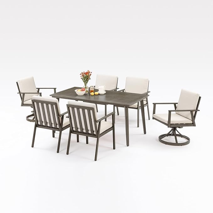 7 Pieces Outdoor Dining Set for 6, Never-Rust Aluminum Patio Swivel Dining Set with 2.2" Umbrella Hole, Outdoor Patio Furniture Set with 2 Swivel Chairs for Decks, Garden, Pool, Limed Oak