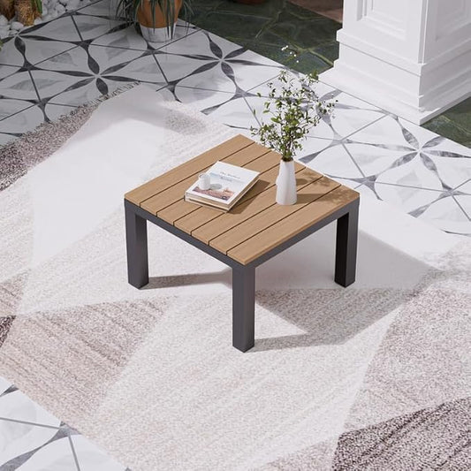 ZANDOR Aluminum Outdoor Patio Coffee Table, Metal Conversation Furniture with Wood-Look Table Top for Garden Backyard Porch