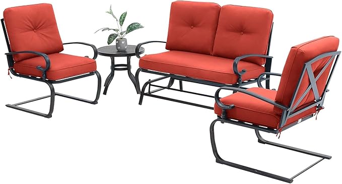 4 Pcs Outdoor Wrought Iron Furniture Patio Conversation Set with Glider Loveseat, 2 Spring Chairs, and Coffee Table (Red)