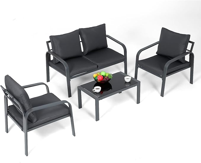 Athena Collection Patio Furniture Set 4 Pieces Outdoor Conversation Sets with Coffee Table & Cushions, All Weather Bistro Chairs Set for Balcony, Lawn, Garden, Poolside, Black