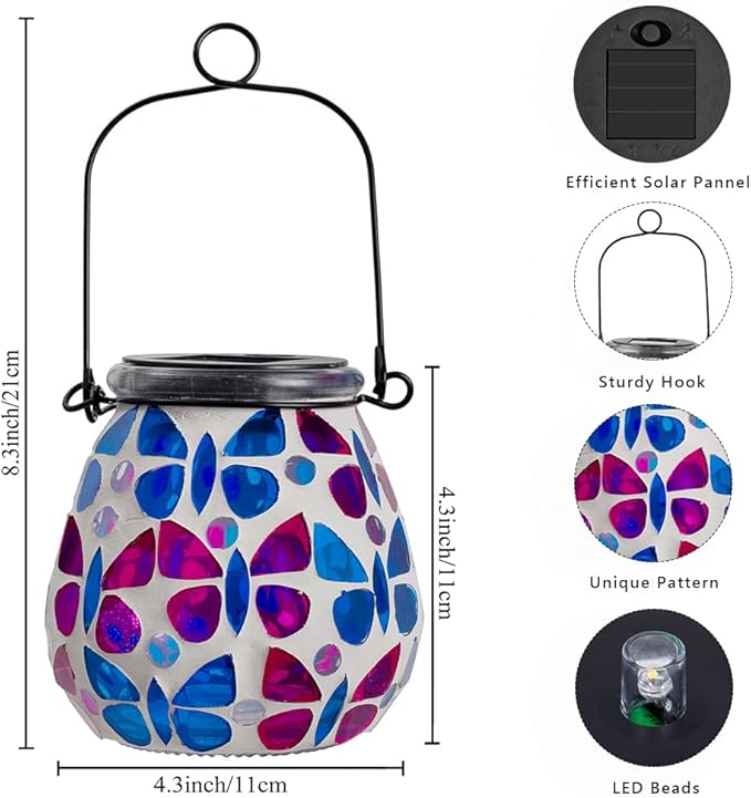 Stargarden 2 Pack Mosaic Solar Lanterns, Glass Hanging Lantern Waterproof Outdoor Hanging Solar Lights Butterfly Decorative Lantern for Garden ,Patio,Yard Decor