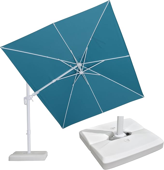 PURPLE LEAF 10 FT Right-left Tilt White Cantilever Umbrella with Base Patio Outdoor Swivel Umbrellas with Aluminum Tilt Offset Umbrella with 360° Rotation for Deck Pool, Turquoise
