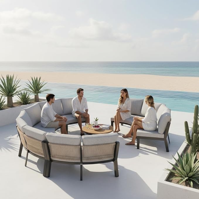 Half Moon Outdoor Patio Furniture Set, Aluminum Curved Patio Conversation Sets, Luxury Outdoor Sectional with PE Rope, All-Weather 7 Pcs Outdoor Couch with Coffee Table & Cushions, White