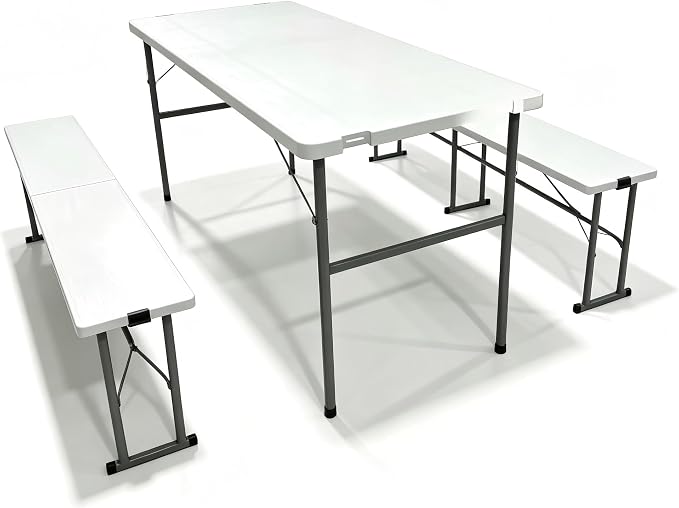 Garvee Picnic Table Set with 2 Benches, 6 Feet Camping Table Chair Set, 3-Piece Folding Furniture for Indoor or Outdoor Use, Smooth Tabletop, White
