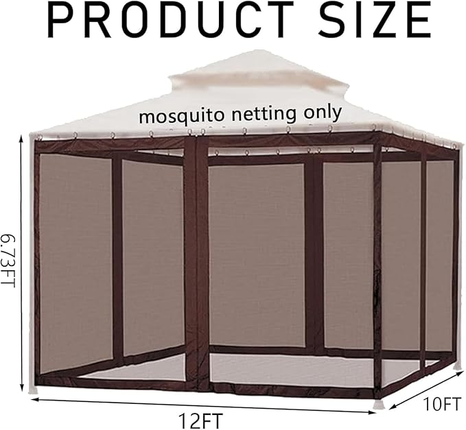 Gazebo Universal Replacement Mosquito Netting,10' x 12' Outdoor Canopy Net Screen 4-Panel Sidewall Curtain, with Zippers，Excluding Gazebo (Brown)