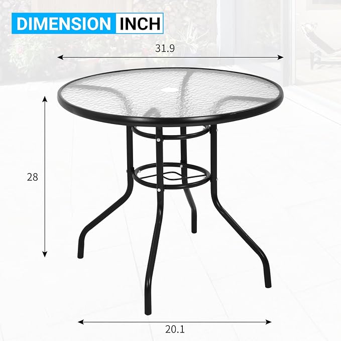 BLKMTY 32" Round Bistro Table Outdoor Furniture Garden Tables Patio Coffee with Tempered Glass Top Patio Glass Side Table for Backyard Lawn Balcony Pool, Black