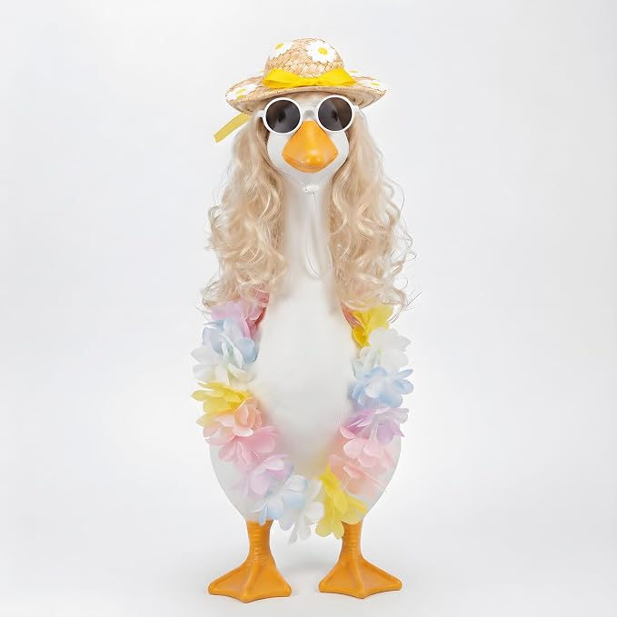 Funny 4Pcs Hawaiian Porch Goose Outfits Set, Colorful Floral Lei, Straw Hat with Bow, Sunglasses & Blonde Wig, Summer Lawn Goose Costume for 17"/23" Statue, Outdoor Patio Garden Decoration(Blonde)