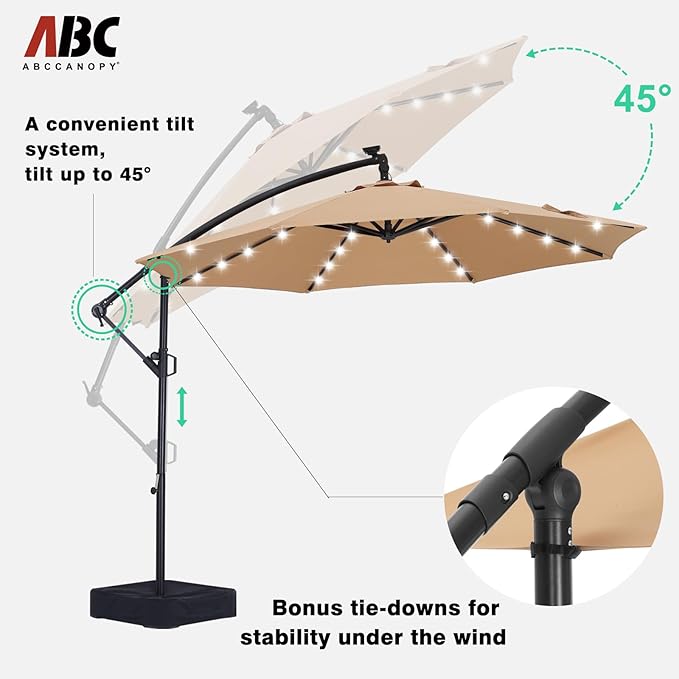 ABCCANOPY 10 FT LED Patio Umbrellas Cantilever Umbrella with base, 360° Rotation Outdoor Lighted Offset Umbrella Bonus Fix Frame & Weights Bag for Backyard, Deck, Poolside (Khaki)