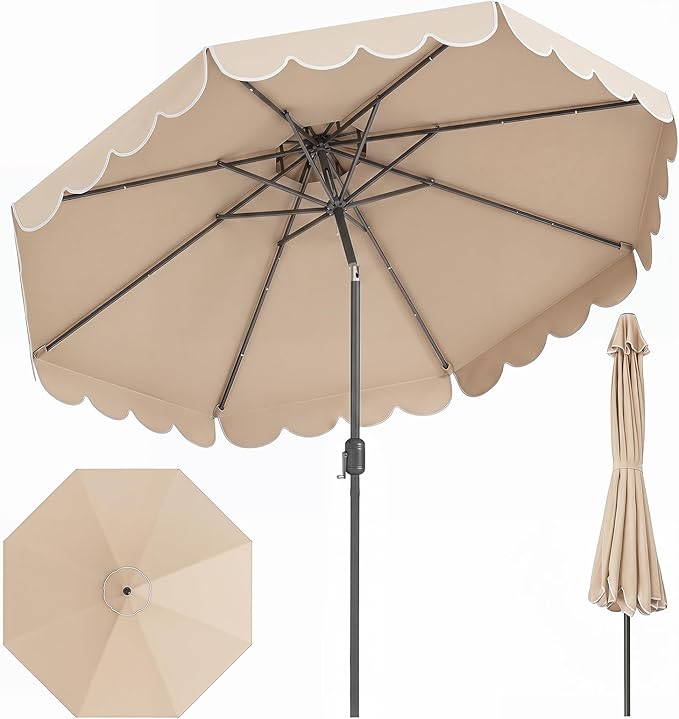 HAPPYGRILL 10 FT Patio Umbrella, Market Table Umbrella w/Crank, Push Button Tilt, Ruffled Edges, Vented Top & 8 Ribs, Outdoor Sun Shade for Poolside Backyard Beach