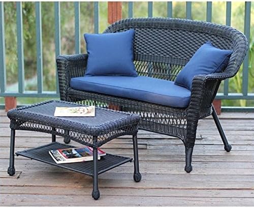 Jeco Wicker Patio Love Seat and Coffee Table Set with Blue Cushion, Black