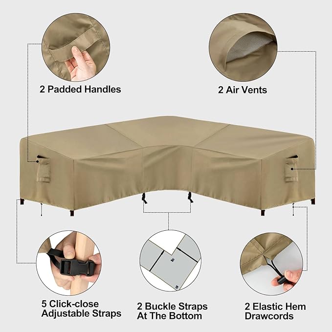 PureFit Outdoor Sectional Sofa Cover Waterproof V Shaped Patio Furniture Covers for Deck, Lawn and Backyard, 100”x100”, Camel