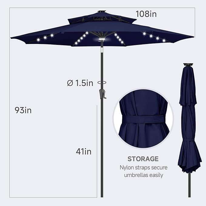 FLAME&SHADE 2 Tiers 9ft Solar Light Patio Umbrella, 40 LED lights outdoor umbrella with Centre Surround Light, Table Market Umbrella for Deck, Pool, Porch, Backyard, Garden (Navy Blue)