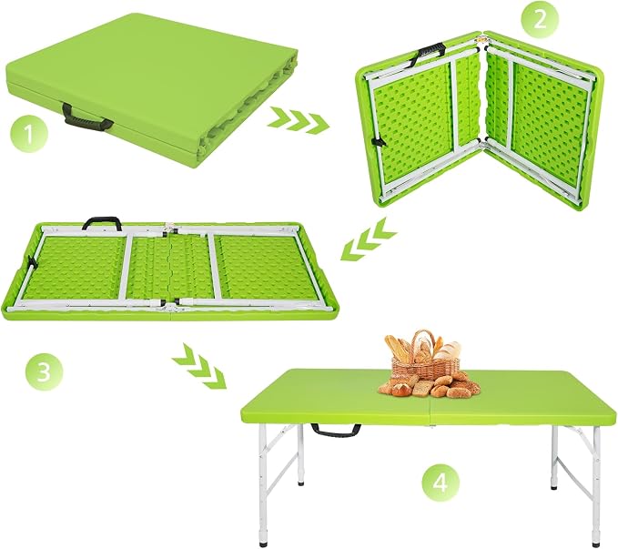 Portable 4Ft Folding Table, Heavy Duty Plastic Fold-in-Half Utility Foldable Table Small, Adjustable Height Plastic Folding Table with Carrying Handle for Camping & Party Indoor/Outdoor(Green)