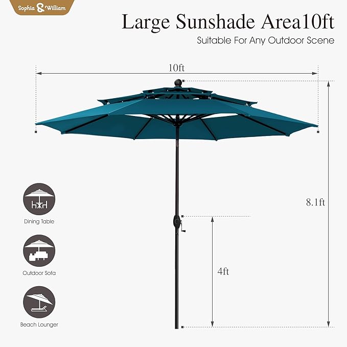 Sophia & William 10ft 3 Tier Auto-tilt Patio Umbrella,Wind Resistent,Outdoor Patio Umbrellas Double Vented Umbrella with Crank for Pool Garden Backyard, Cyan-blue
