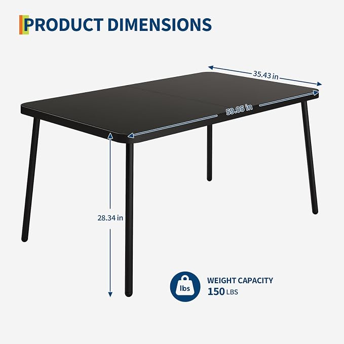 GarveeLife 59 in Tempered Glass Patio Dining Table with Metal Frame, 4-6 Person Rectangular Table for Porch Balcony Backyard Poolside, Black