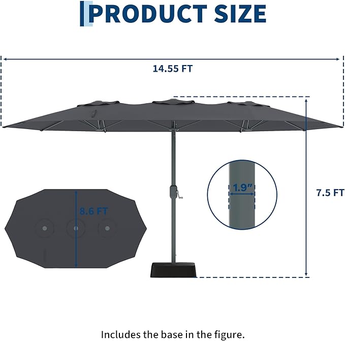 9x15 ft Large Outdoor Umbrella with Base Included, Extra Wide Patio Umbrella with UV Protection, Heavy Duty Backyard & Pool Umbrella with 12 Ribs for Garden Patio Balcony