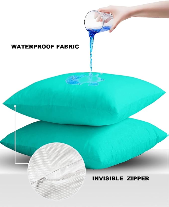 Outdoor Waterproof Throw Pillow Covers Set of 2 Teal Green Pattern Pillowcases 26x26 Inches Pure Colour Patio Decorative Pillows Cushion Case Patio Pillows for Couch Bed Chair Garden