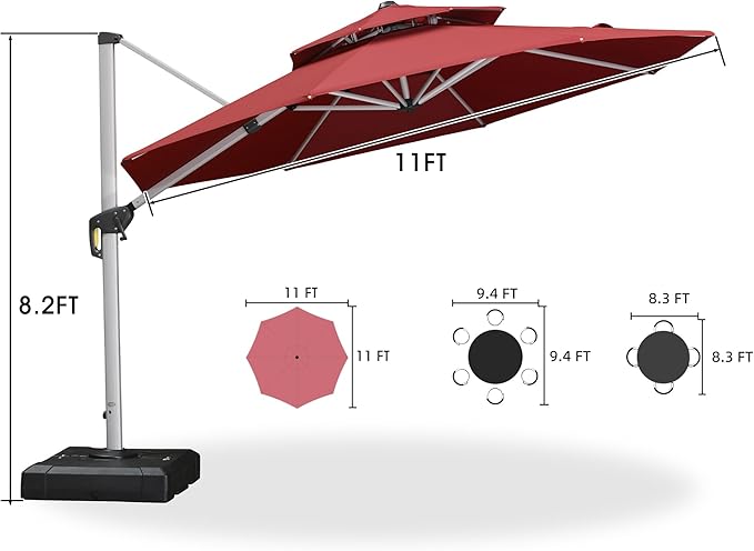 PURPLE LEAF 11 FT Cantilever Patio Umbrellas with Base Included, Large Round Offset Umbrella with 360° Rotation, Outdoor Aluminum Pool Umbrella for Pool Lawn Garden, Terra