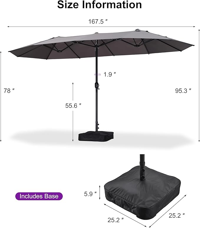 PURPLE LEAF 14ft Patio Market Umbrella with Base Double-Sided Rectangle Outdoor Table Sun Umbrellas with Crank 12 Heavy Duty Sturdy Ribs for Pool Beach Deck Backyard Gray