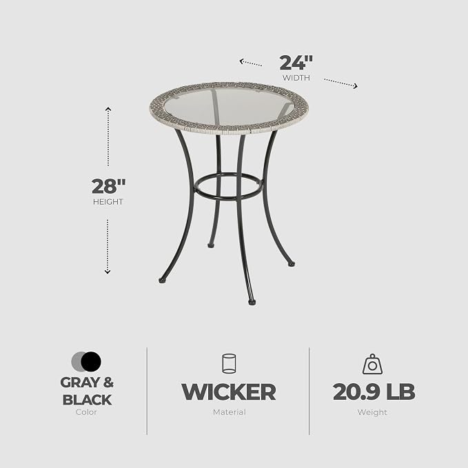 Four Seasons Courtyard 24 Inch Round Marbella Wicker Bistro Patio Table Portable Outdoor Backyard Deck Furniture with Glass Tabletop, Gray/Black