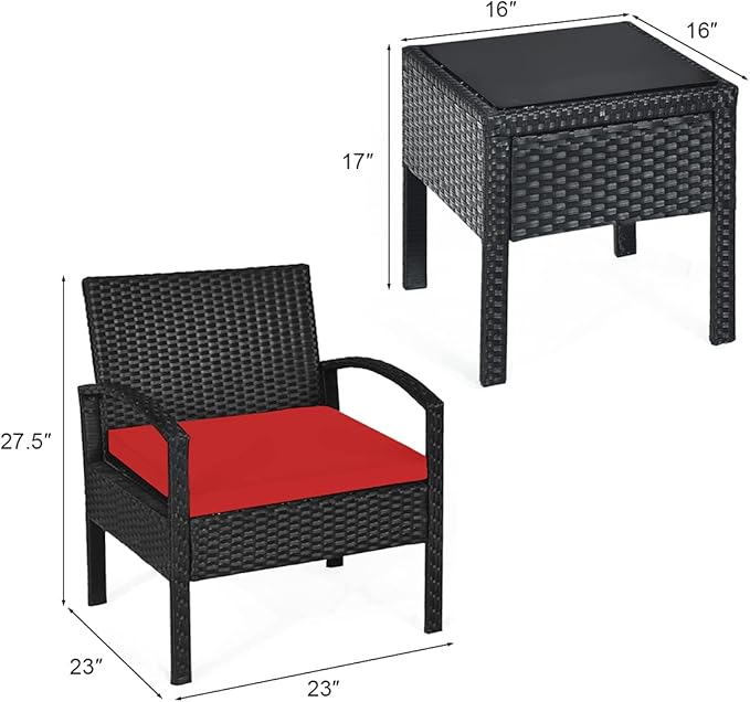 Tangkula 3 PCS Patio Conversation Set, Outdoor Rattan Sofa Set with Seat Cushions & Coffee Table, Patio Wicker Furniture Set for Garden Balcony Backyard Poolside (Red)