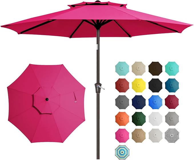 JEAREY 9' 2-Tiers Patio Umbrellas Outdoor Table Market Umbrella w/Push Button Tilt/Crank, 8 Sturdy Ribs, UV Protection Waterproof Sunproof(Rose Pink)