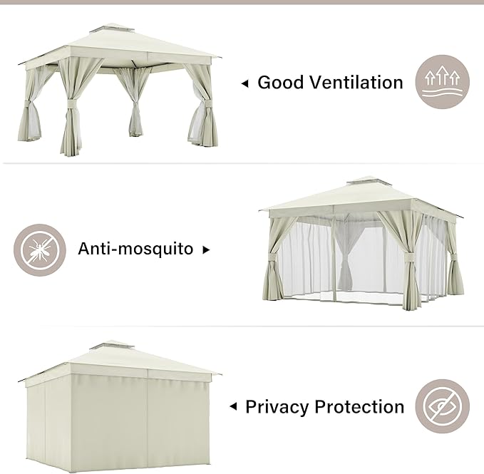 LAUSAINT HOME 12'x12' Outdoor Gazebo, Metal Frame Heavy Duty Patio Canopy Tent Shelter with Double Roofs, Mosquito Nettings and Privacy Screens for Backyard, Garden, Lawn, Cream White