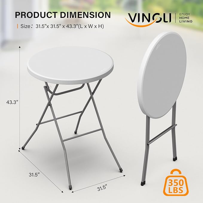 VINGLI 32" Plastic Folding Round Table Bar Height, HDPE Matrial with Gray Metal Finish, High Top Table for Outdoor Party, Cafes, Restaurants, Backyard, Dining Room, Wedding Event,1 Pack, White