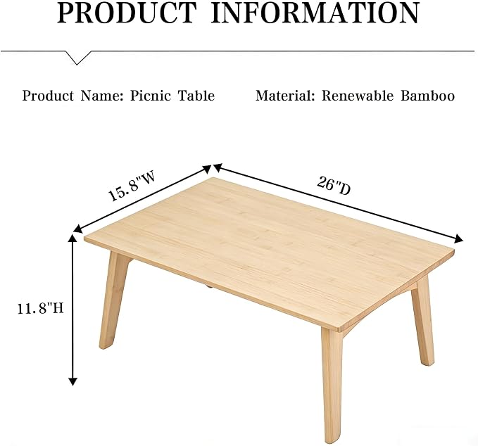 JIKUGO Bamboo Folding Coffee Table No Assembly Required Japanese Floor Table for Bedroom Living Room, Natural Wood, 26 x 15.8 x 11.8 Inches