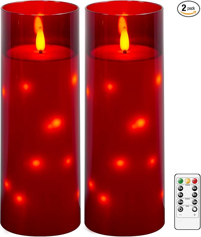 kakoya 11" x 4" Large Outdoor Waterproof Flameless LED Candles with Remote and Timer,Acrylic Pillar Candles Battery Operated with Embedded Star String for Porch,Patio,Outdoor Decor,Set of 2(Red)