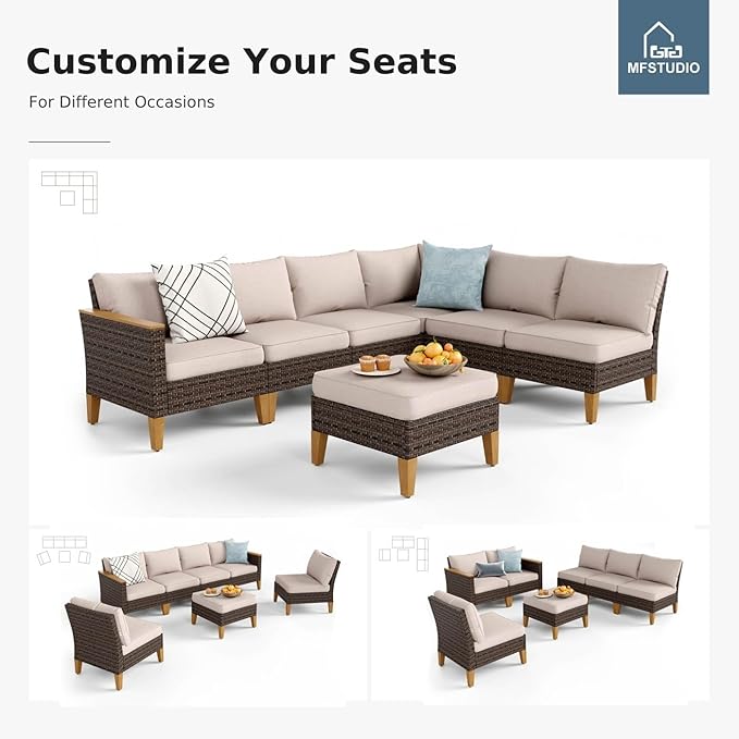 MFSTUDIO 9 Piece Wicker Patio Furniture Sets with Fire Pit Table, 4 x Swivel Chair, 2 x Ottoman, 2 x Corner Sofa, All-Weather PE Rattan Patio Conversation Set Outdoor Sectional Sofas(Beige Cushions)