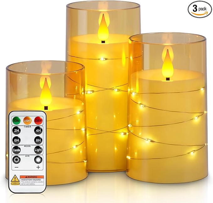 Homemory Flameless Candles with Embedded Star String Fairy Lights, Battery Operated Candles, LED Candle, Fake Candles with Remote Control and Timer, Gold, Set of 3(H 4" 5" 6”)