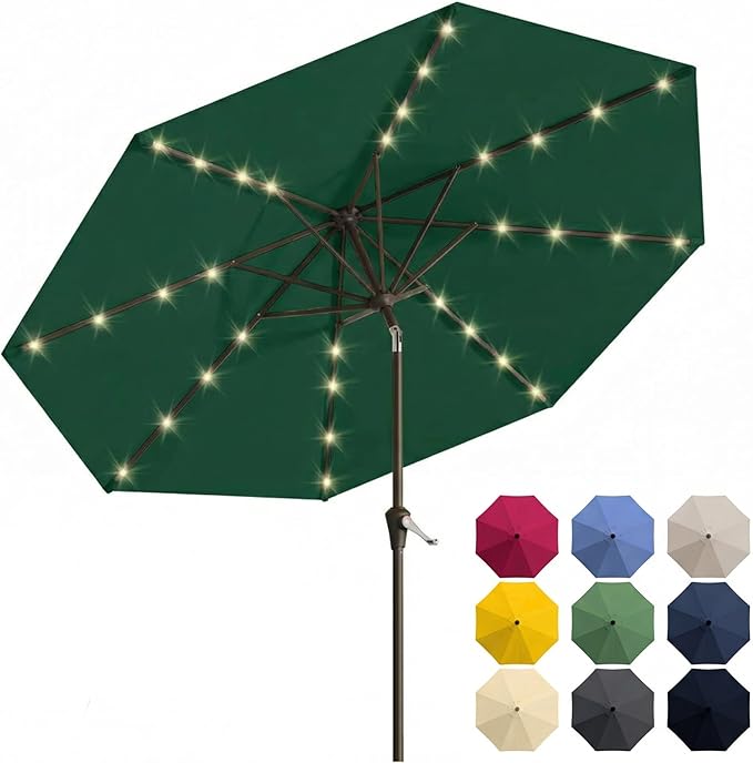 10FT Solar Patio Umbrella with Lights, Outdoor Table Market Umbrella with 32 LED Lights, 8 Sturdy Ribs, Push Button Tilt and Crank for Pool, Deck and Garden, UV-Resistant