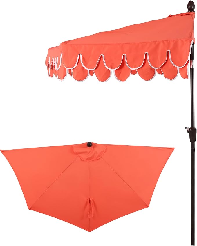 JONATHAN Y Terrace Scalloped 9 ft. Half Round Patio Umbrella with Crank Lift and Tilt, Coastal Semicircle Market Wall Umbrella for Balcony, Coral Red/White, Dark Brown Pole UMB1202A