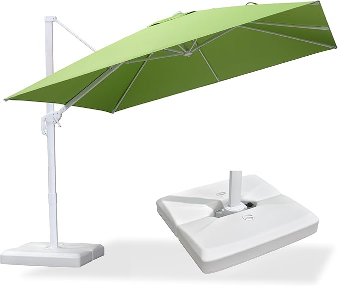 PURPLE LEAF 10 FT Patio Umbrella With Base White Cantilever Umbrella Square Outdoor Offset Umbrella Windproof with 360° Rotation for Garden Deck Pool, Macaw Green