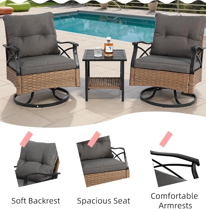 Outdoor Swivel Rocker Chairs Set 3 with 1 Table and 2 Rocking & Swivel Chairs, Brown Wicker Outdoor Furniture Patio Conversation Set