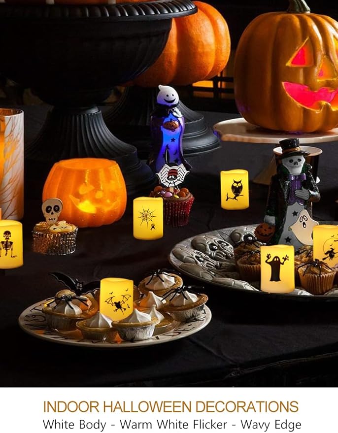 Set of 12 Halloween Votive Candles Battery Operated (White Body, Warm White Flicker) - Flameless Unscented Candles with Halloween Decals - LED Flickering Flameless Votive Candle