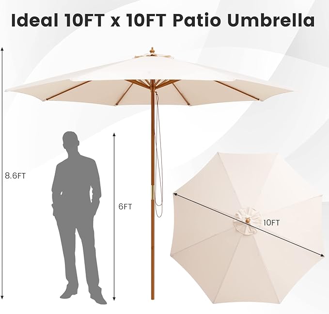 Tangkula 10FT Patio Umbrella, Outdoor Table Market Umbrella w/8 Wooden Ribs, 3 Adjustable Heights, Rope Pulley System, Detachable Pole, Wooden Patio Umbrella for Garden, Poolside, Backyard (Beige)