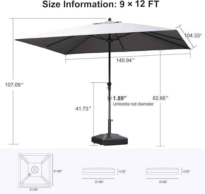 PURPLE LEAF 12' x 9' Rectangle Patio Market Umbrella with Base Outdoor Table Umbrellas Aluminum Frame Sun Shade with 8 Sturdy Ribs for Garden Deck Lawn Pool Light Gray