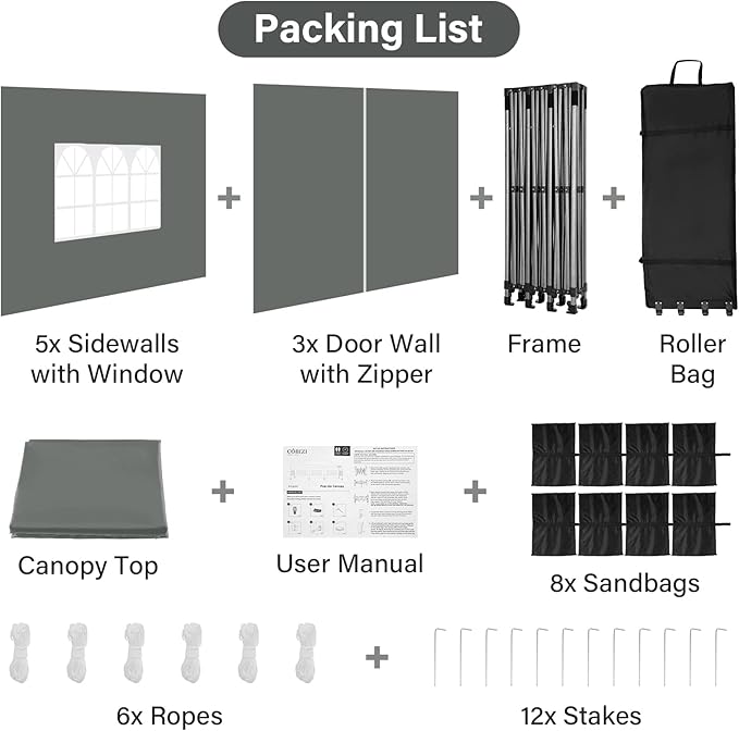 COBIZI 10x30 Pop up Canopy Tent Heavy Duty Without Sidewalls, Easy Set-up Commercial Outdoor Party Tents, 100% Waterproof Wedding Tent Gazebo, 3 Height Adjustable with Wheeled Bag, Gray