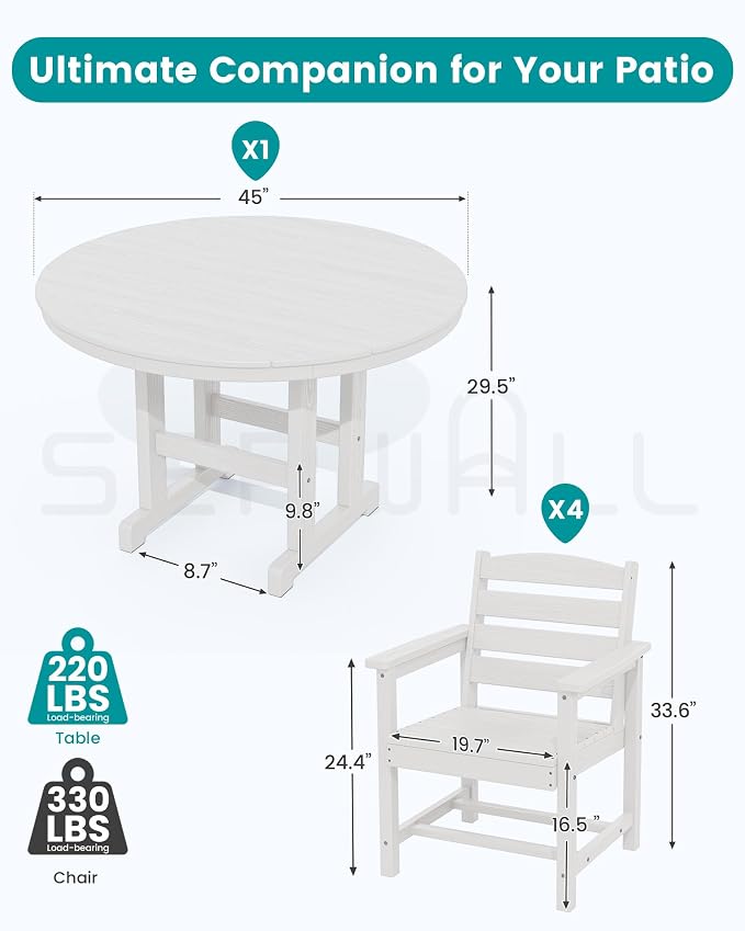 SERWALL 6-Piece Patio Dining Sets, HDPE Outdoor Table and Chairs Furniture Set with Umbrella, 45" Round Dining Table & 4 Dining Chairs & 1 9FT Umbrella, White(Not Include Umbrella Base)