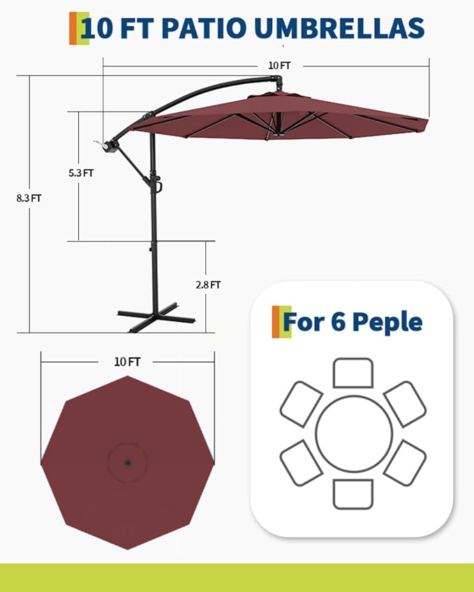 IDEALHOUSE 10FT Offset Cantilever Patio Umbrella with Cross Base, Large Outdoor Umbrella with Infinite Tilt & Crank Lift, UPF 50+ Fade-Resistant Fabric, Vented Canopy for Garden, Deck, Backyard