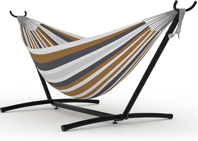Double Hammock with Space-Saving Steel Stand - 2 Person Portable Heavy Duty Hammock with Carrying Bag for Outdoors & Indoors, Easy Assembly, 350 lbs Capacity, Brown Stripes