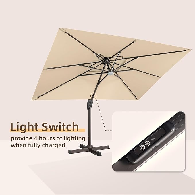 9 X 12 FT Cantilever Outdoor Patio Umbrella with LED Lights Large Heavy Duty 360° Rotation Double Top Offset Rectangular Umbrellas for Backyard Garden Pool Outside Deck, Beige