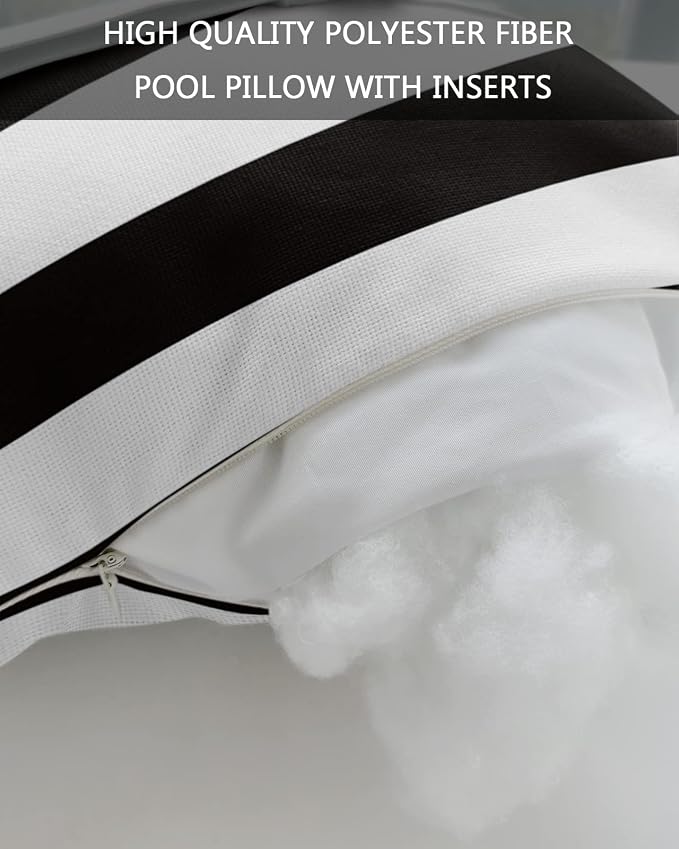 Outdoor Pillow for Chaise Lounge Chair, Simple Stripe Black and White Waterproof Headrest Pillow Lumbar Pillows with Insert & Adjustable Elastic Strap for Beach, Poolside, Patio, Office (2 Pack)