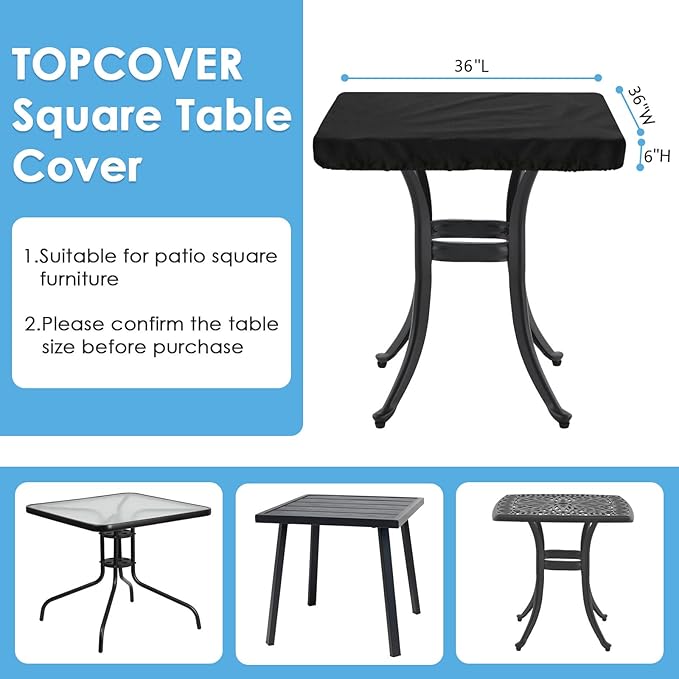 Outdoor Square Table Cover Waterproof Anti-UV Heavy Duty Square Table Covers for Outdoor Furniture,Windproof Patio Coffee & Dining Table & Table Top Cover Weatherproof,36"L×36"W×6"H