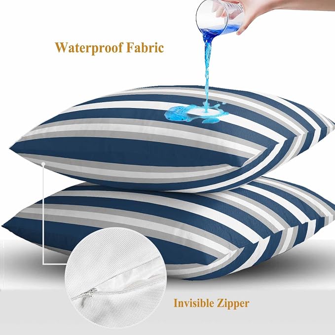 Throw Pillow Covers 18x18 Inch Set of 2, Navy Blue Grey Stripe Waterproof Outdoor Pillow Covers, Minimalist Farmhouse Striped Decorative Cushion Pillowcases for Couch, Sofa, Bed, Garden, Patio