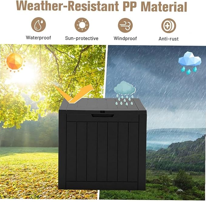 PP Woodgrain Black 30-Gallon Deck Storage Box with Lockable Waterproof Lid & Handles, 22x17x21in for Patio/Outdoor