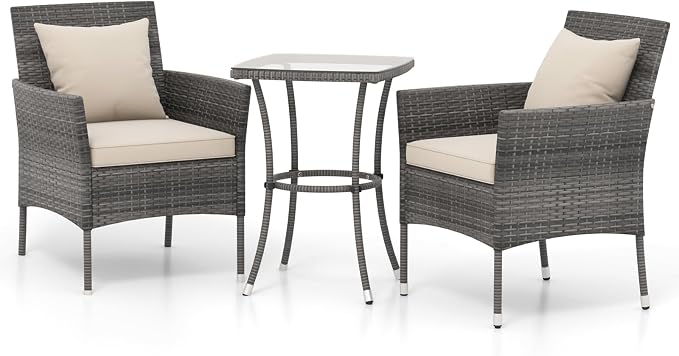 Tangkula 3 Piece Furniture Wicker Rattan Outdoor Patio Set, Grey